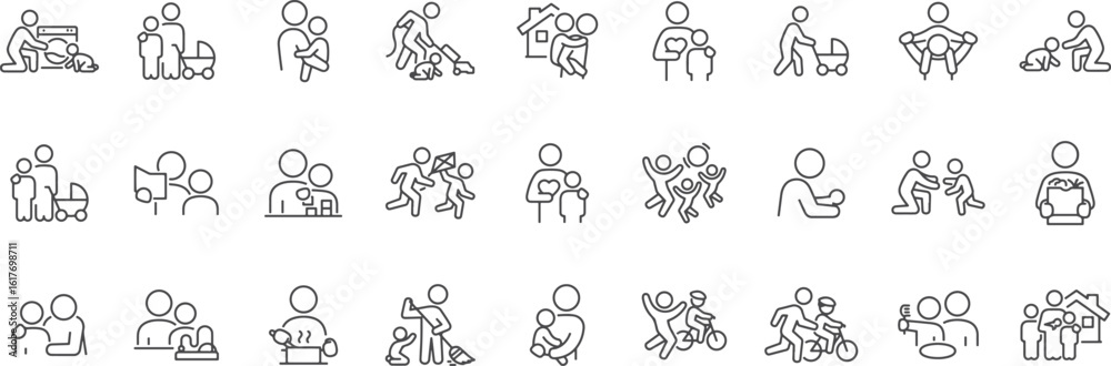Naklejka premium Childcare and Parenting Icon Set – Family, Baby, Mom, Dad, Child, Love, Parenting, Playtime, Care, Hug, Bond, Toddler, Education, Preschool, Relationship, Holding Hands, Nurture