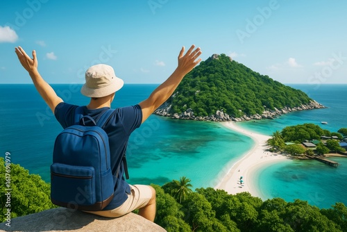 Traveler with backpack enjoying tropical island view from high cliff under clear sky, concept of adventure and freedom on summer vacation.