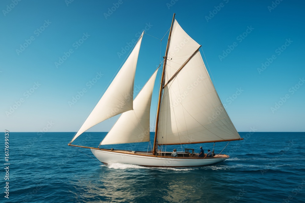 Fototapeta premium Classic white sailboat with people onboard gliding over calm blue ocean under clear sky with bright sunlight, enjoying sailing as a relaxing hobby.
