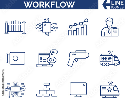 Workflow Icon Set. Process, Task & Productivity, Modern Workflow & Process, Automation, Steps & Chart, Task Flow, Planning & Collaboration. Business Workflow Icons Bundle.