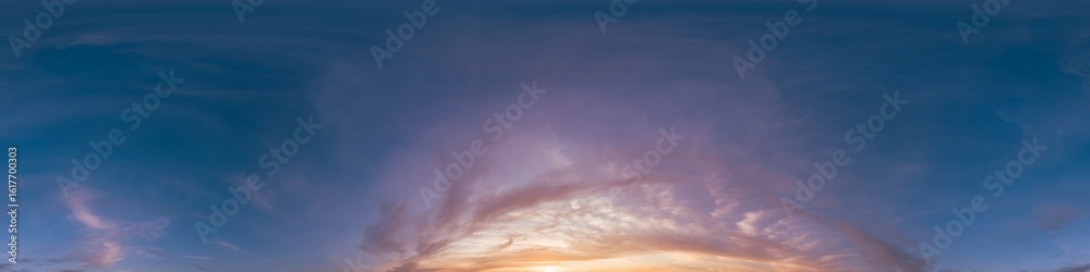 Fototapeta premium Seamless 360 HDR spherical panorama of sunset sky with vibrant pink Cirrus clouds. Full zenith or sky dome in 3D, sky replacement for aerial drone panoramas. Climate and weather change.