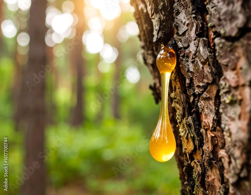 Resin dripping from a pine tree trunk in a forest