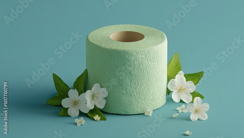 Pastel green toilet paper with blossoms, studio shot, hygiene
