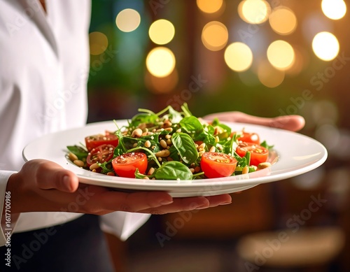 Restaurant waiter serving a fresh salad
