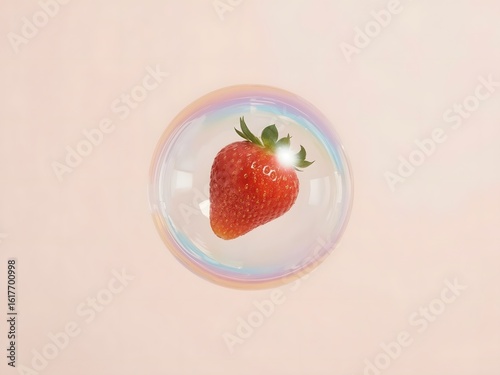 Single strawberry inside a translucent iridescent sphere on a pink background