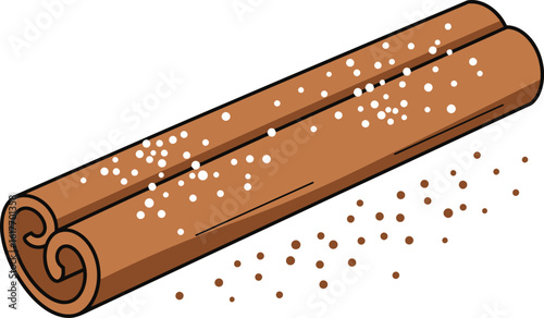 Aromatic cinnamon stick with sugar crystals, isolated on white background