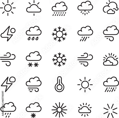 Weather Outline Icon Set 30 Editable Stroke Vector Symbols of Sun, Rain, Clouds, and Temperature