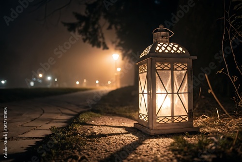 Warm Glowing Lantern on Cobblestone Pathway in Mysterious Foggy Evening Scene