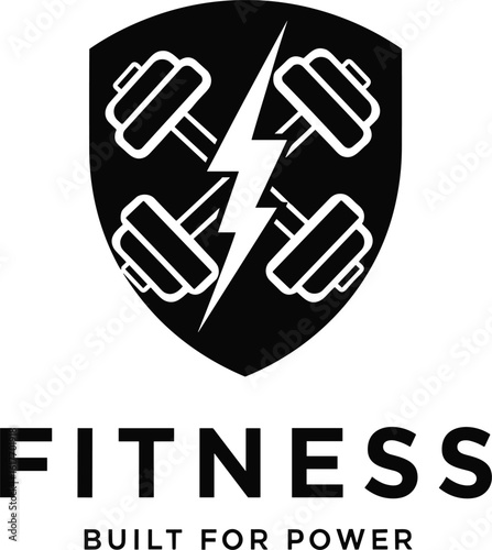 Black fitness logo with shield, dumbbells and lightning bolt, gym strength badge vector, powerful workout brand emblem, muscle icon design, training identity logo
