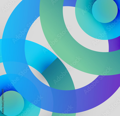 Abstract composition. Overlapping circles, varying shades blue, green, purple. Modern design, clean aesthetic, dynamic shapes.