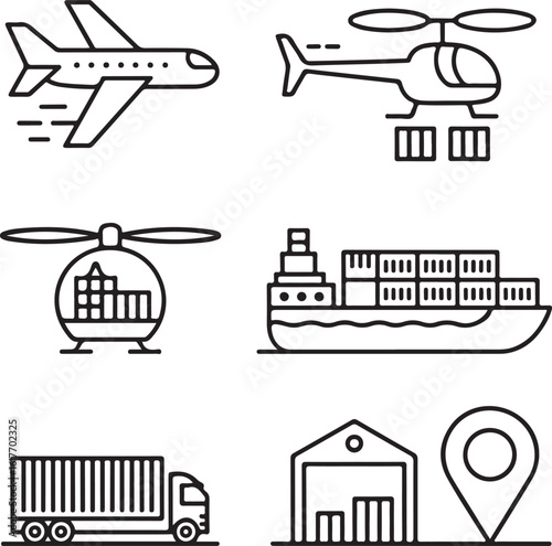 Global Cargo Transport Icons   Plane, Helicopter, Drone Delivery, Sea Freight, and Land Logistics Line Art Pack