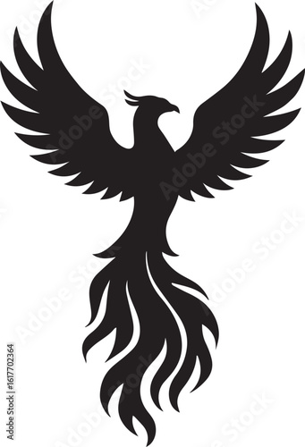 Silhouette of a phoenix rising with wings extended upward, flames shaping its tail