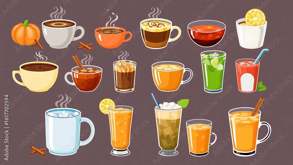 Fototapeta premium Cozy autumn drinks collection featuring hot beverages and seasonal flavors