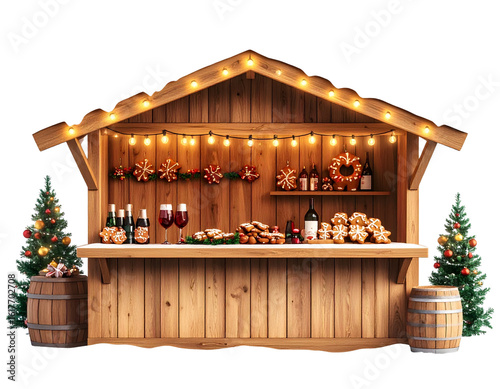  Snowy Holiday Market Booth Selling Gifts and Hot Drinks Isolated on Transparent Background PNG