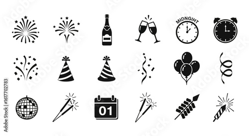 New Year's Celebration Icons: A collection of whimsical icons capturing the essence of a joyous New Year's celebration, rendered in a simple, appealing illustration style. 