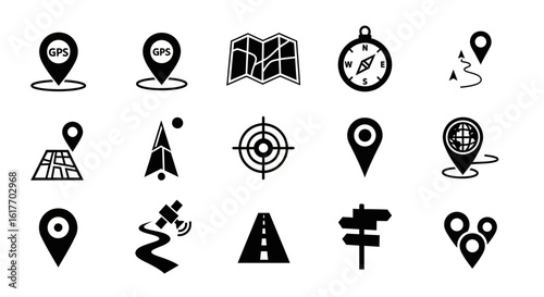 Navigation Icons Set: A comprehensive collection of essential navigation icons, perfectly tailored for mapping and location-based applications. Designed in a clean.