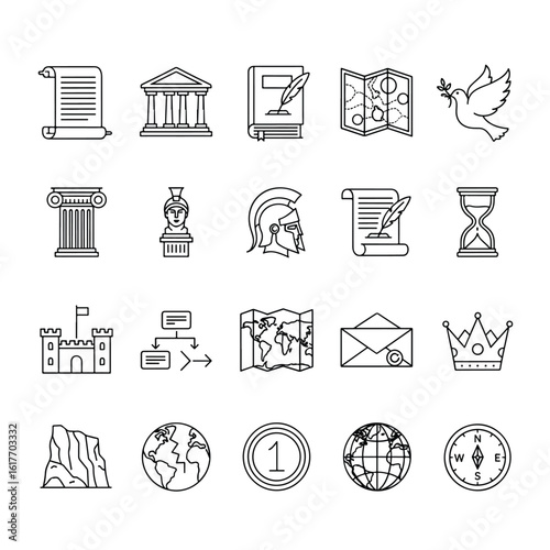 Ancient Civilizations and Historical Symbols Icon Set in Outline Style depicting History Culture and Knowledge