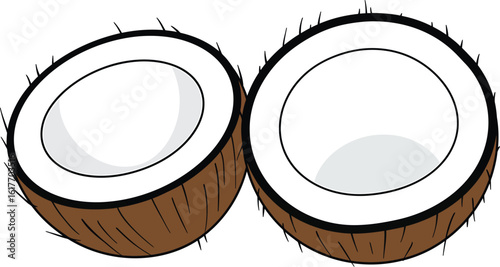 Two halves of a coconut isolated on white background, showcasing its white flesh and brown shell, a tropical and healthy fruit