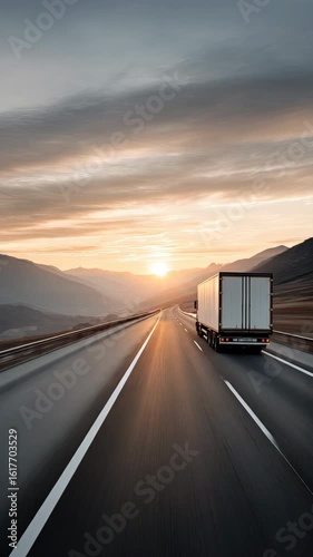Truck on highway at sunset near mountain road view,vertical video