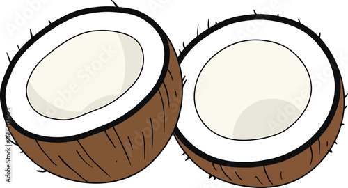 Two halves of a coconut isolated on white background, revealing its white flesh and brown shell, a tropical and healthy fruit