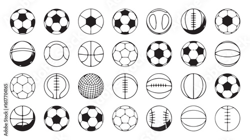 Sports ball vector icon set. Simple black and white line art illustrations of game balls like soccer, basketball, and baseball for graphic design.