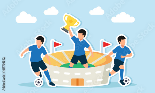 Two footballers playing near a stadium where a football player holds a trophy illustration of celebration for winning a football competition or league
