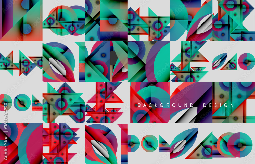 Fototapeta premium Abstract geometric patterns, vibrant colors, modern design. Tiles create dynamic composition, interesting visual texture.