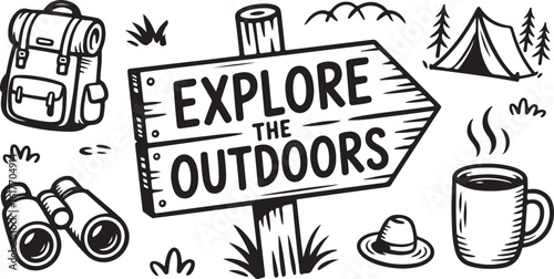 Explore the outdoors lettering on a wooden signpost with hand-drawn camping and adventure icons. Vintage vector illustration set.