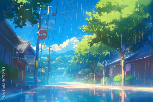 雨の日の田舎町（イラスト・日本・風景・壁紙）
