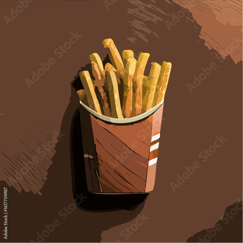 French fries in a container on a brown surface, golden, salty, and irresistible snack suitable for food blogs, menus, and advertisements.