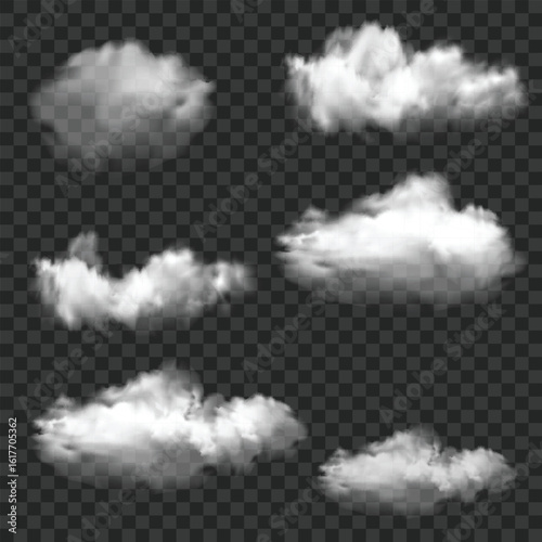 Realistic White Smoke and Cloud Shapes Set. Transparent Overlay. Vector
