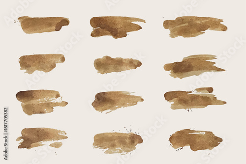 Set of grungy coffee stain. coffee stain brush strokes, grungy coffee splatters, freehand coffee painting, artistic design element.
