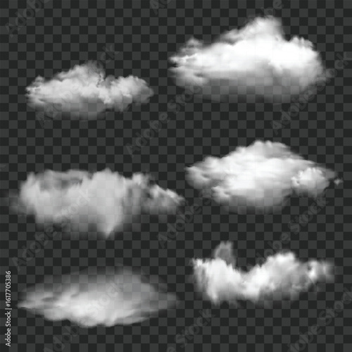 Realistic White Smoke and Cloud Shapes Set. Transparent Overlay. Vector