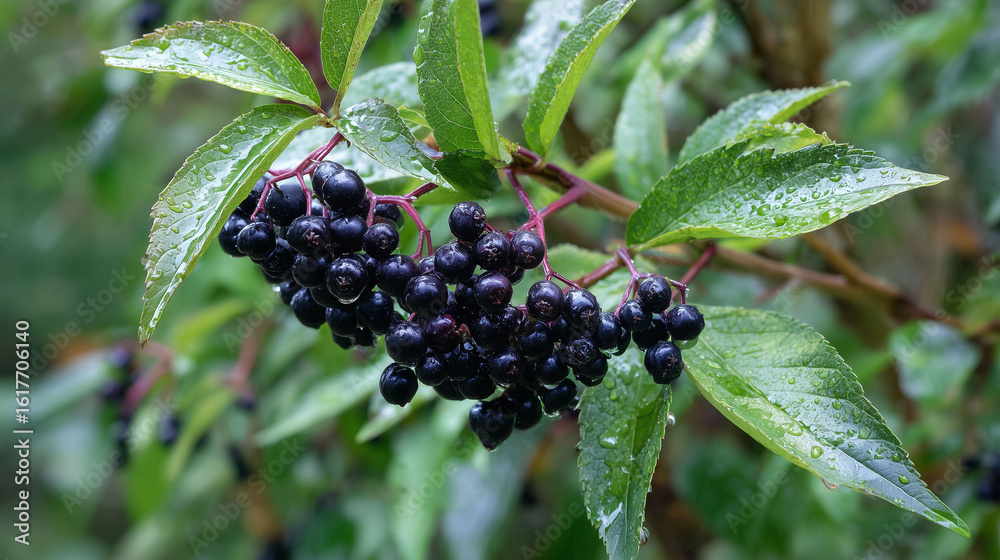 Black elderberries growing on bush with wet green leaves after rain natural medicinal fruit plant used for syrup tea supplement and healthy herbal remedy concept Black elderberries growing on bush with wet green leaves after rain natural medicinal fruit plant used for syrup tea supplement and healthy herbal remedy concept
