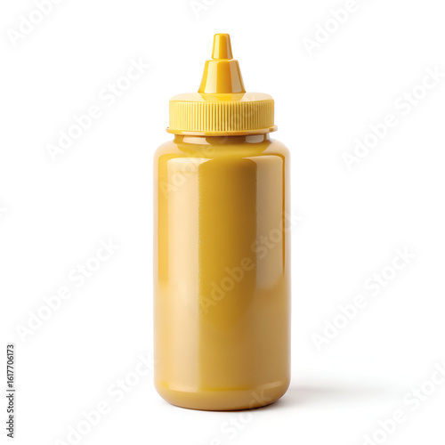 A yellow mustard squeeze bottle stands isolated on a clean white background, ready for use