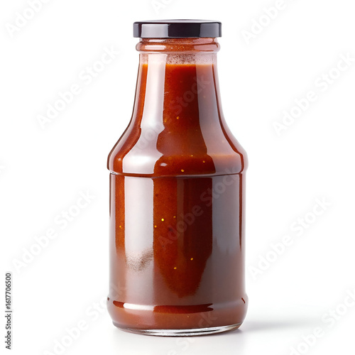 A glass bottle filled with rich red ketchup stands isolated on a clean white background