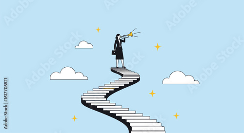 A businessperson stands on a staircase leading to the sky looking through a telescope at stars and clouds