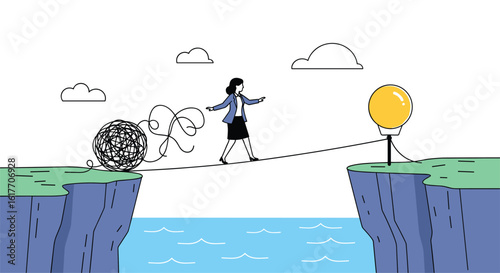 Woman crosses a precarious tightrope over a chasm towards a bright idea symbolizing overcoming challenges and achieving goals