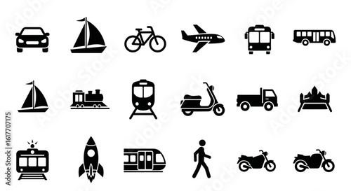 Diverse Transportation Icons: A collection of various transportation icons, rendered in a sleek and minimalistic style, encompassing a broad range of vehicles and modes of transport.