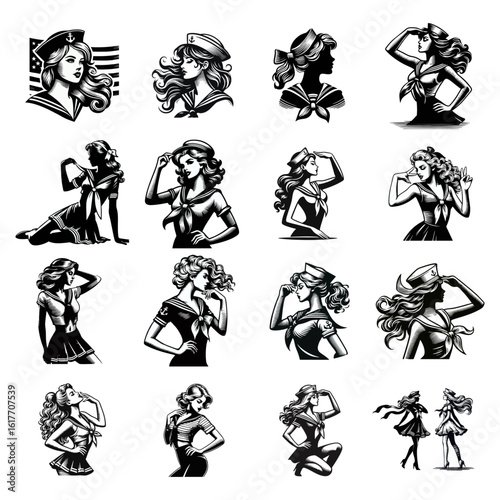 Set stylized illustrations of women in sailor-inspired outfits, posing with various hand gestures and displaying unique hairstyles.