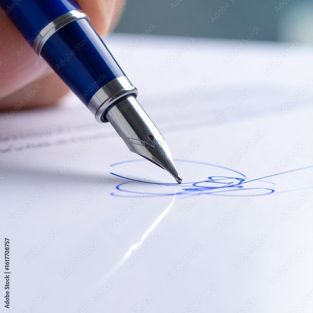 Fototapeta premium Hand holding blue fountain pen signing on white paper with a delicate design