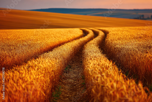 Golden wheat field pathway at sunset nature landscape photography tranquil rural environment scenic viewpoint agriculture concept