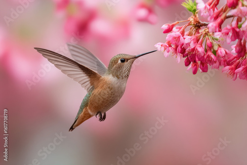 Graceful hummingbird feeding on cherry blossom nectar nature scene close-up perspective vibrant spring environment captivating wildlife imagery