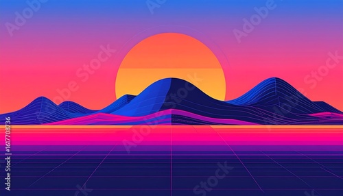 Retro landscape with vibrant colors and grid