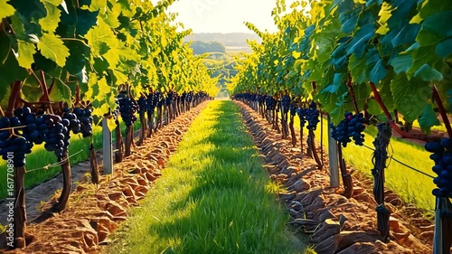 Lush vineyard rows with ripe grapes under golden sunlight, showcasing nature's bounty
