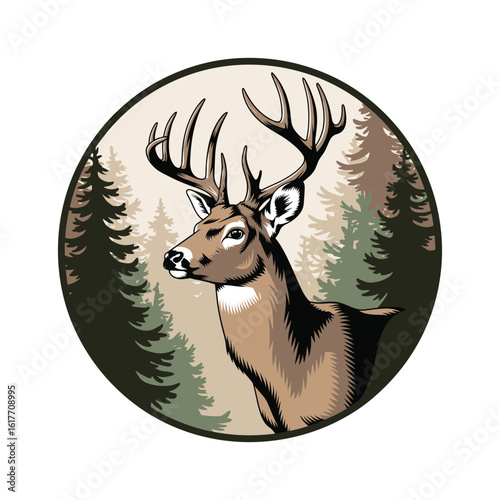 Whitetail Deer in Forest Vector Illustration Inside Round Badge Frame.