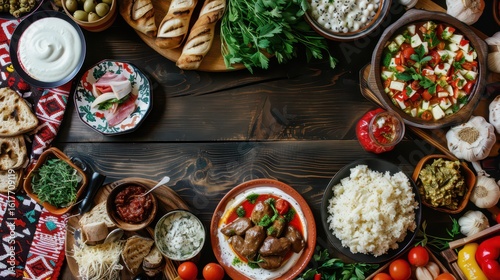 Traditional bulgarian feast for independence day celebration. Traditional bulgarian food. Horizontal banner. Copy space. Free space for text