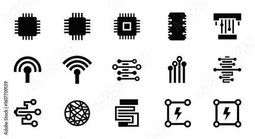 Tech Icons: a striking assortment of modern tech icons that captures a digital era. Clean lines and stark contrasts define this collection of technology-related symbols.