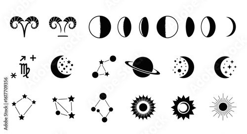 Celestial Harmony: A collection of celestial symbols, including moon phases, constellations, and astrological icons, create an enchanting cosmic scene, perfect for spiritual and mystical themes.