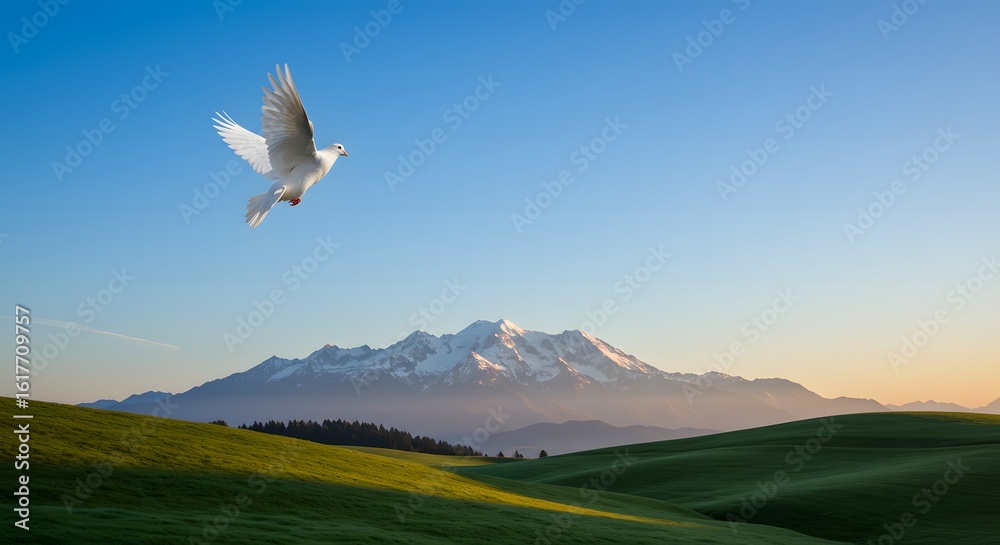 Naklejka premium White dove flying over scenic green hills